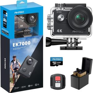 AKASO EK7000 4K30fps Action Camera with 64GB MicroSDXC U3 Memory Card Accessories Kit Bundle Ultra HD 131FT Waterproof Camera EIS WiFi Remote Control 4X Zoom Underwater Camera, Black